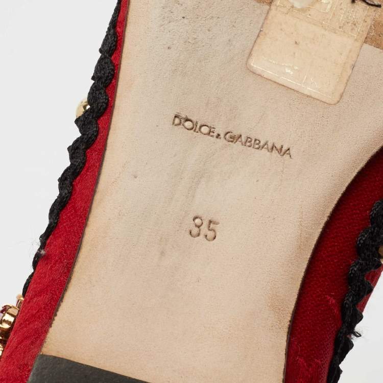 Pre Owned Dolce & Gabbana Red Jacquard Fabric Embellished Mary Jane Ballet Flats Size 35