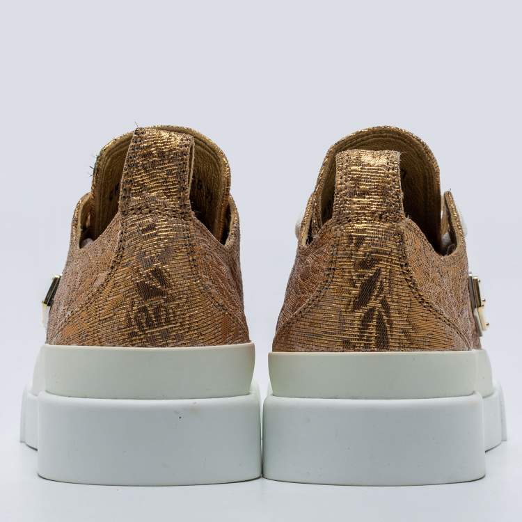 Pre Owned Dolce & Gabbana Gold/White Brocade Fabric Low Top Sneakers Size 37