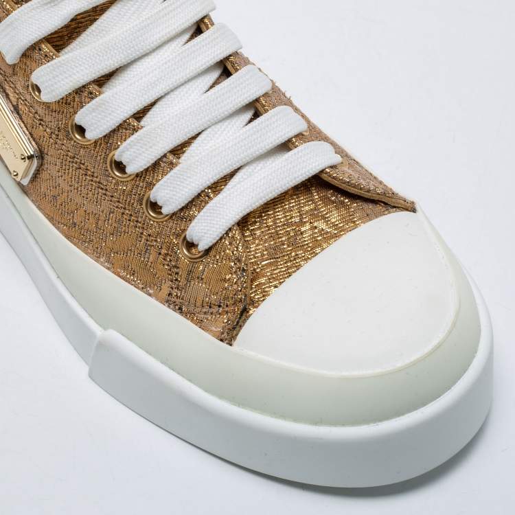 Pre Owned Dolce & Gabbana Gold/White Brocade Fabric Low Top Sneakers Size 37
