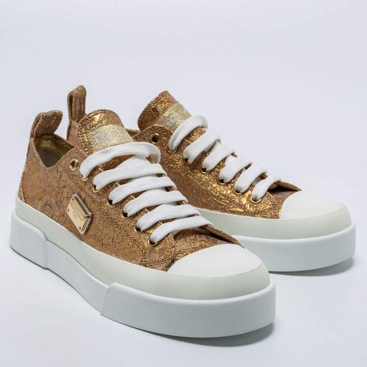 Pre Owned Dolce & Gabbana Gold/White Brocade Fabric Low Top Sneakers Size 37