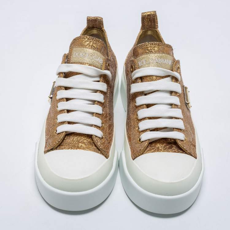 Pre Owned Dolce & Gabbana Gold/White Brocade Fabric Low Top Sneakers Size 37