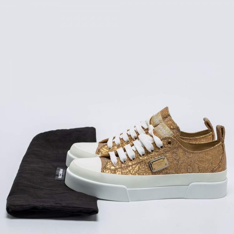 Pre Owned Dolce & Gabbana Gold/White Brocade Fabric Low Top Sneakers Size 37