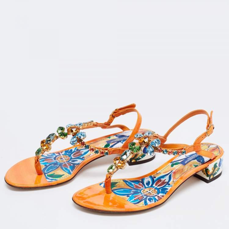 Pre Owned Dolce & Gabbana Multicolor Patent Leather Crystal Embellished Thong Sandals Size 36