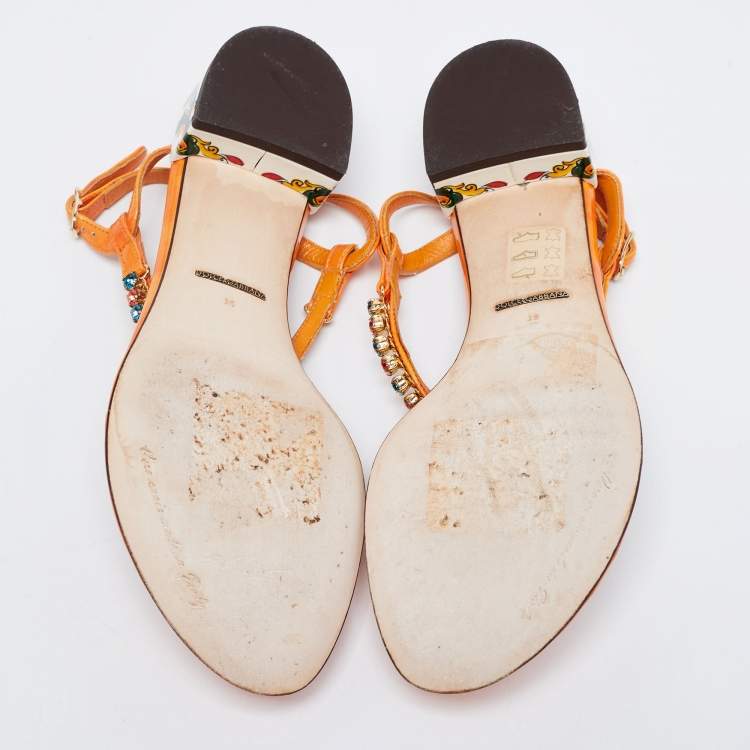 Pre Owned Dolce & Gabbana Multicolor Patent Leather Crystal Embellished Thong Sandals Size 36