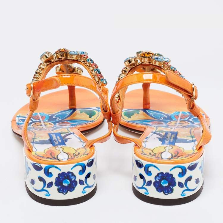 Pre Owned Dolce & Gabbana Multicolor Patent Leather Crystal Embellished Thong Sandals Size 36