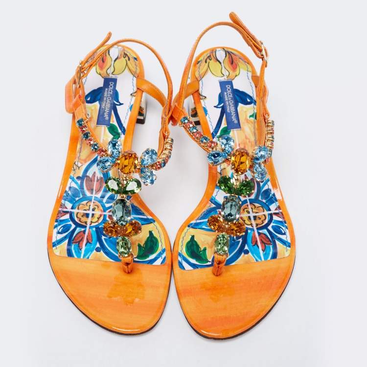 Pre Owned Dolce & Gabbana Multicolor Patent Leather Crystal Embellished Thong Sandals Size 36