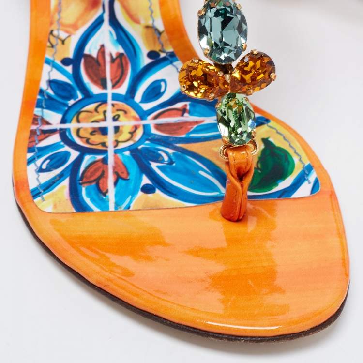 Pre Owned Dolce & Gabbana Multicolor Patent Leather Crystal Embellished Thong Sandals Size 36