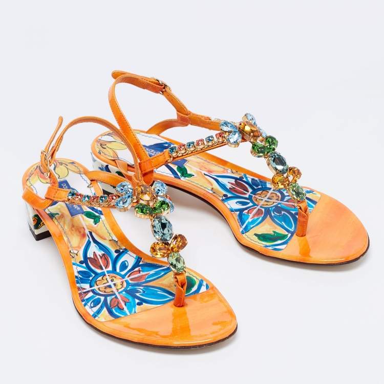 Pre Owned Dolce & Gabbana Multicolor Patent Leather Crystal Embellished Thong Sandals Size 36