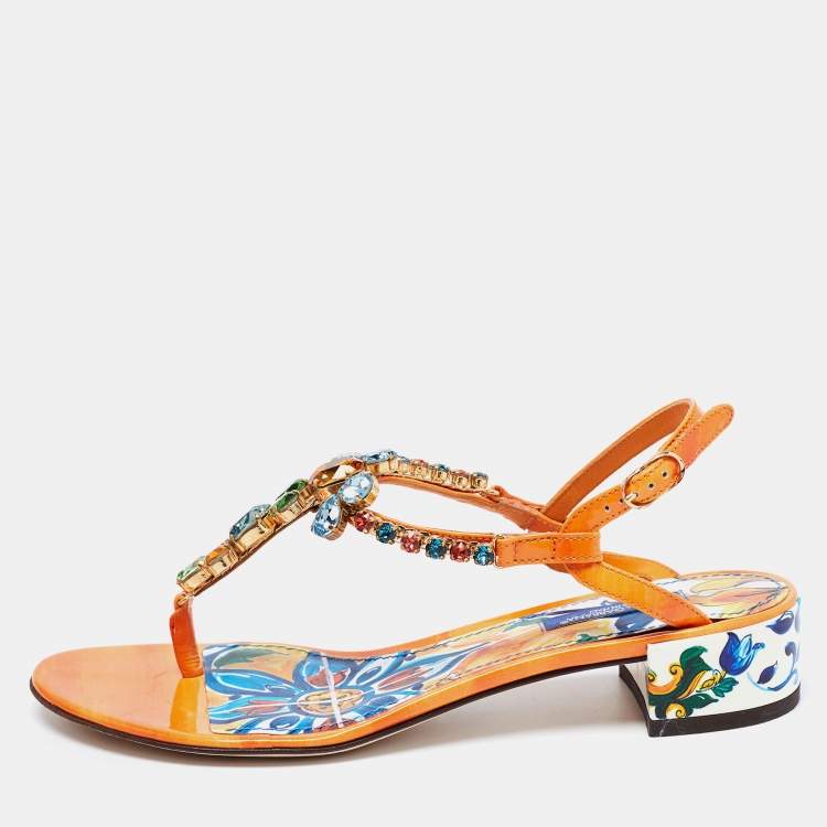 Pre Owned Dolce & Gabbana Multicolor Patent Leather Crystal Embellished Thong Sandals Size 36