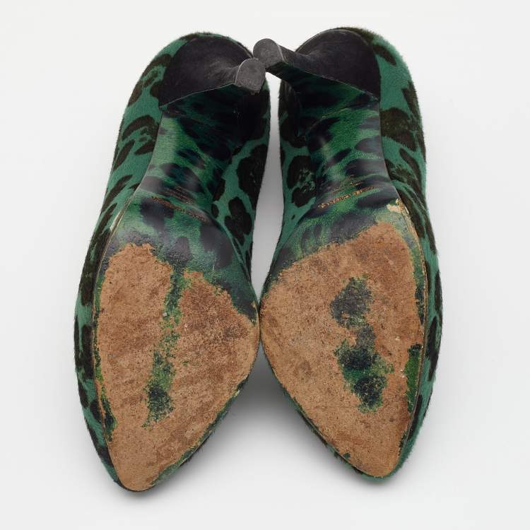 Pre Owned Dolce & Gabbana Green/Black Leopard Print Calf Hair Platform Pumps Size 37