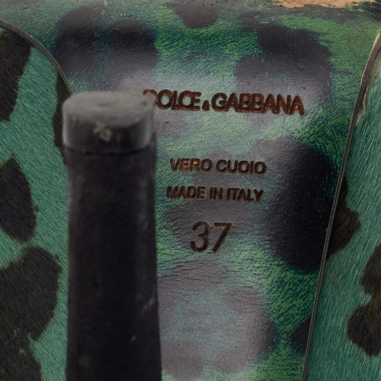 Pre Owned Dolce & Gabbana Green/Black Leopard Print Calf Hair Platform Pumps Size 37