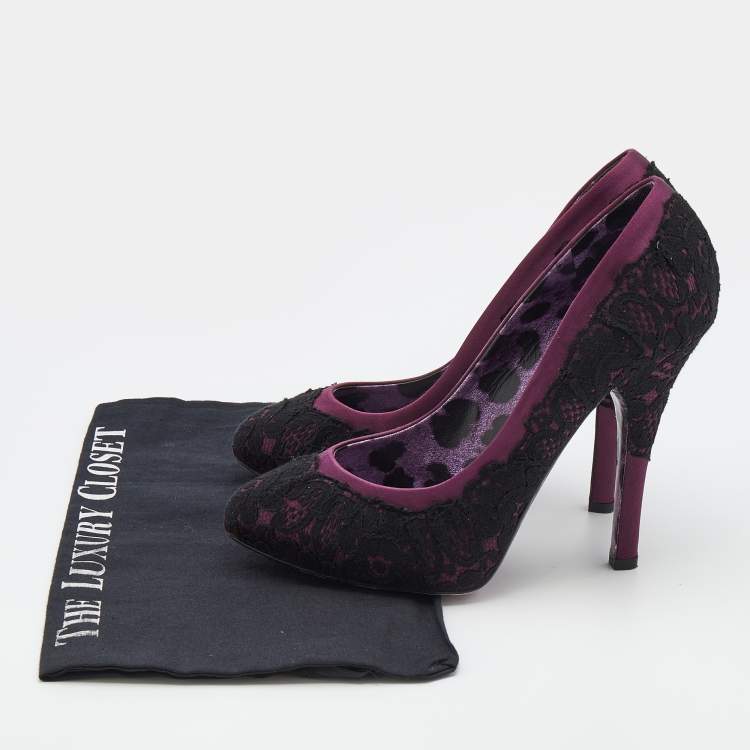 Pre Owned Dolce & Gabbana Purple/Black Lace And Satin Platform Pumps Size 39