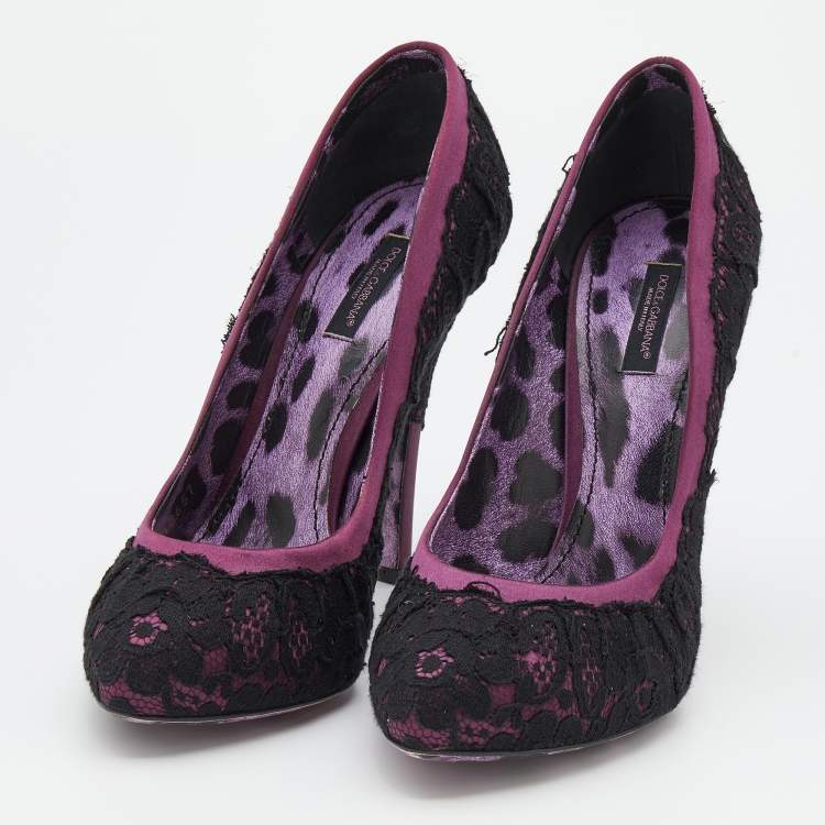 Pre Owned Dolce & Gabbana Purple/Black Lace And Satin Platform Pumps Size 39