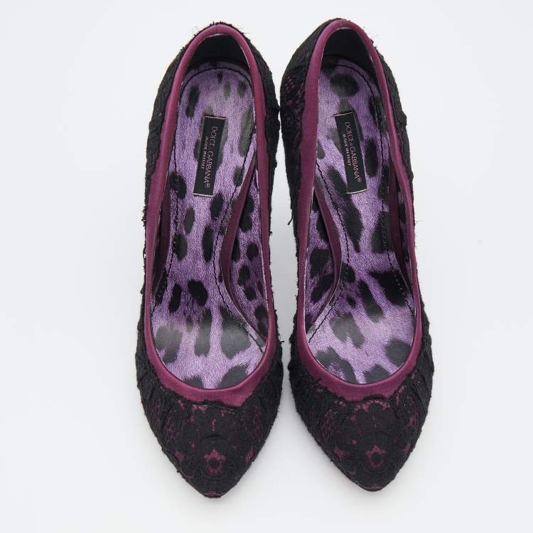 Pre Owned Dolce & Gabbana Purple/Black Lace And Satin Platform Pumps Size 39