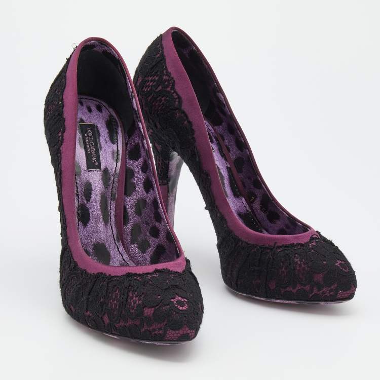 Pre Owned Dolce & Gabbana Purple/Black Lace And Satin Platform Pumps Size 39