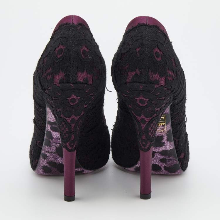 Pre Owned Dolce & Gabbana Purple/Black Lace And Satin Platform Pumps Size 39