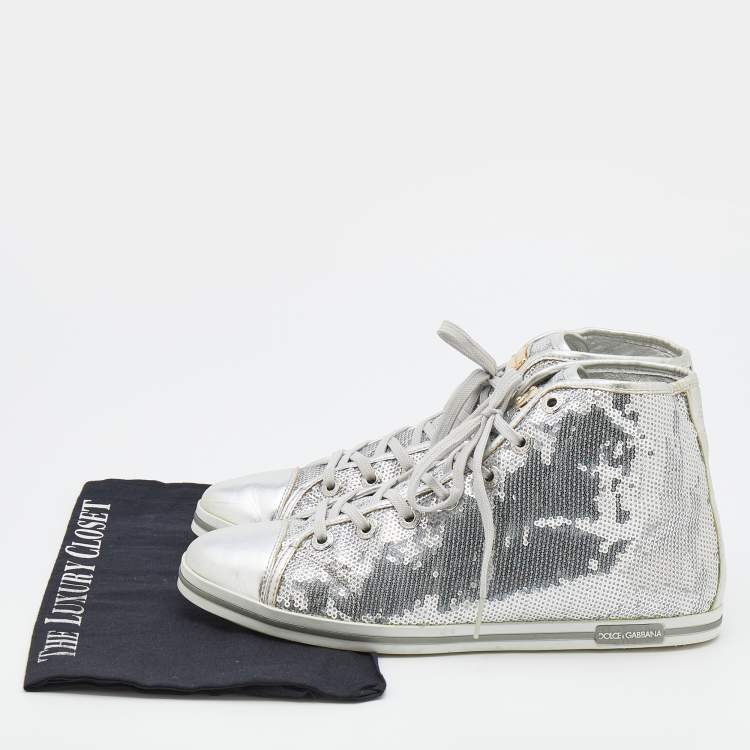 Pre Owned Dolce & Gabbana Metallic Silver Sequins Leather High Top Sneakers Size 40