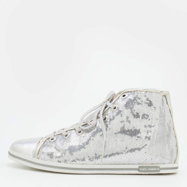 Pre Owned Dolce & Gabbana Metallic Silver Sequins Leather High Top Sneakers Size 40