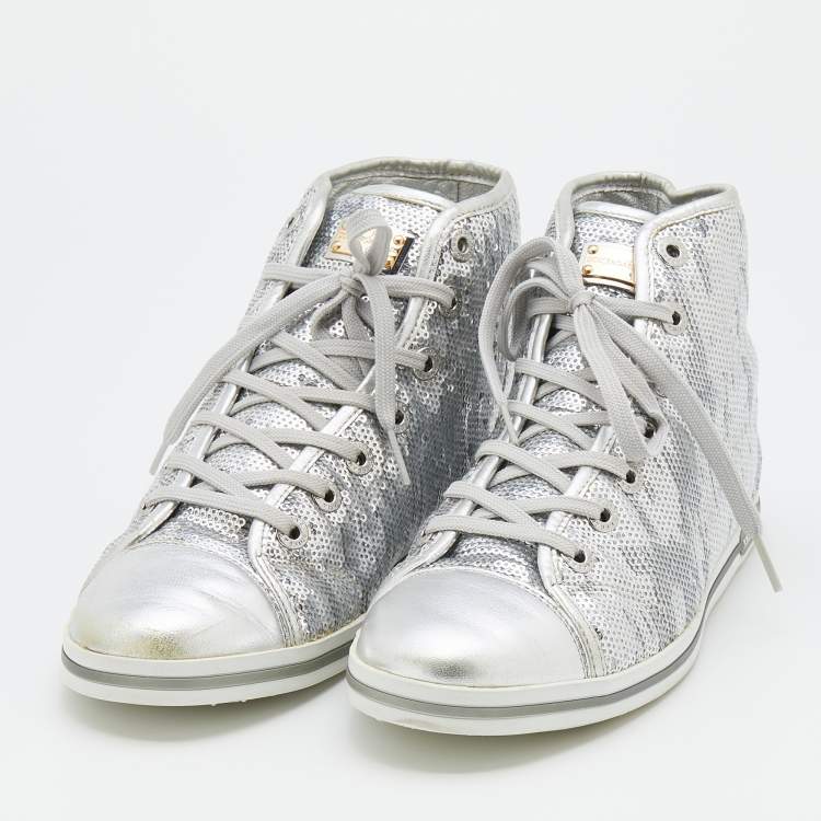 Pre Owned Dolce & Gabbana Metallic Silver Sequins Leather High Top Sneakers Size 40