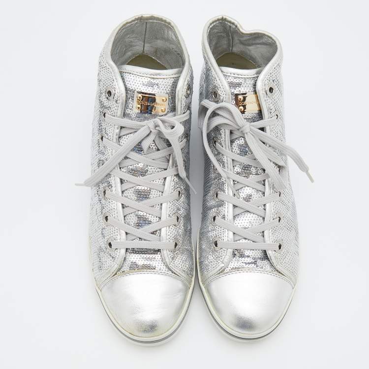 Pre Owned Dolce & Gabbana Metallic Silver Sequins Leather High Top Sneakers Size 40