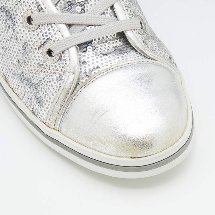 Pre Owned Dolce & Gabbana Metallic Silver Sequins Leather High Top Sneakers Size 40