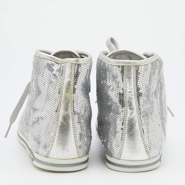 Pre Owned Dolce & Gabbana Metallic Silver Sequins Leather High Top Sneakers Size 40