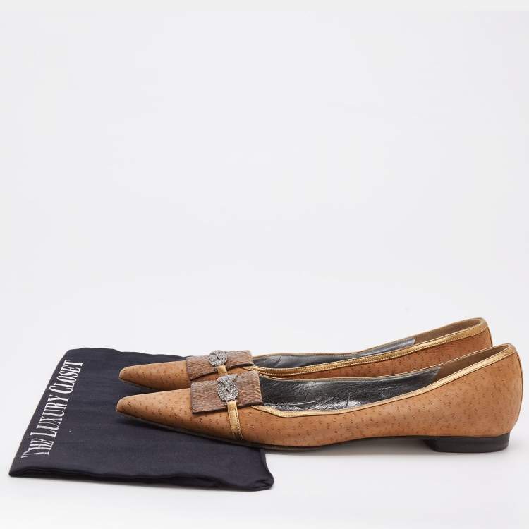 مملوكة مسبقًا Dolce & Gabbana Brown Leather And Snakeskin Embellished Ballet Flats Size 39