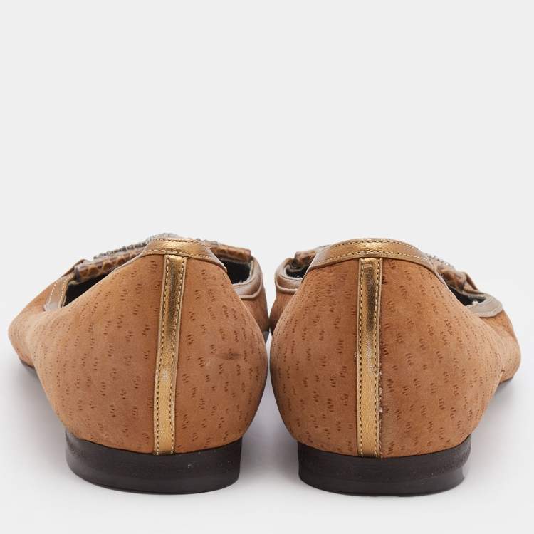مملوكة مسبقًا Dolce & Gabbana Brown Leather And Snakeskin Embellished Ballet Flats Size 39