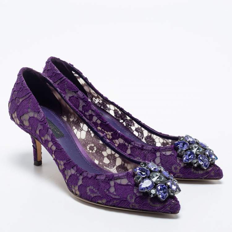 Pre Owned Dolce & Gabbana Purple Lace Crystal Embellished Bellucci Pumps Size 36