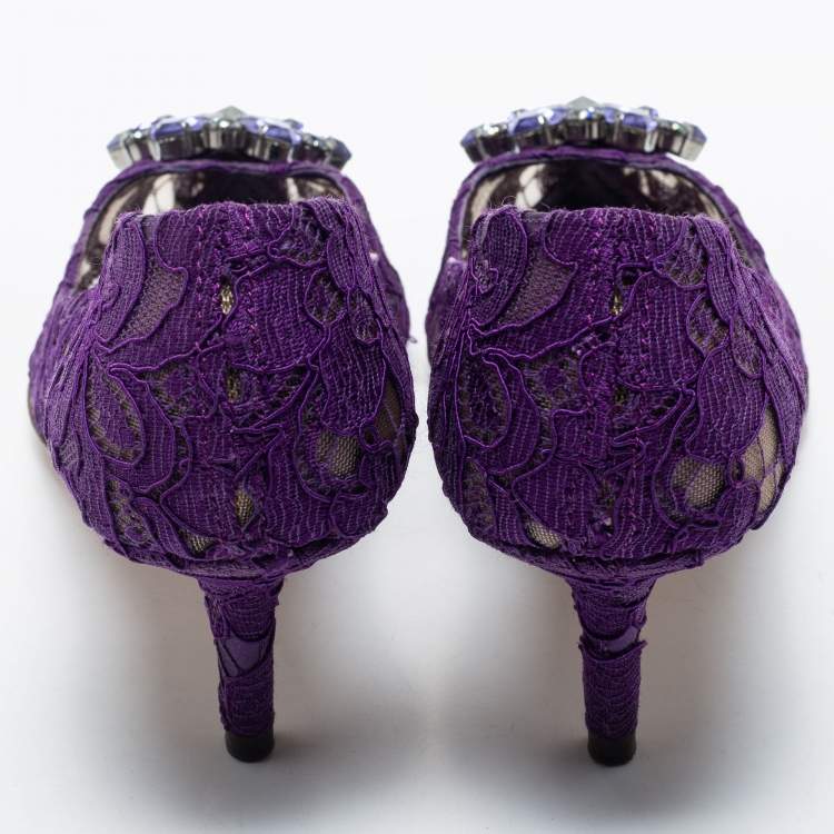 Pre Owned Dolce & Gabbana Purple Lace Crystal Embellished Bellucci Pumps Size 36