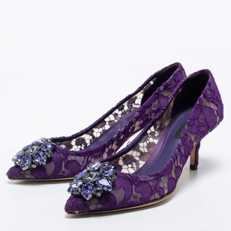 Pre Owned Dolce & Gabbana Purple Lace Crystal Embellished Bellucci Pumps Size 36