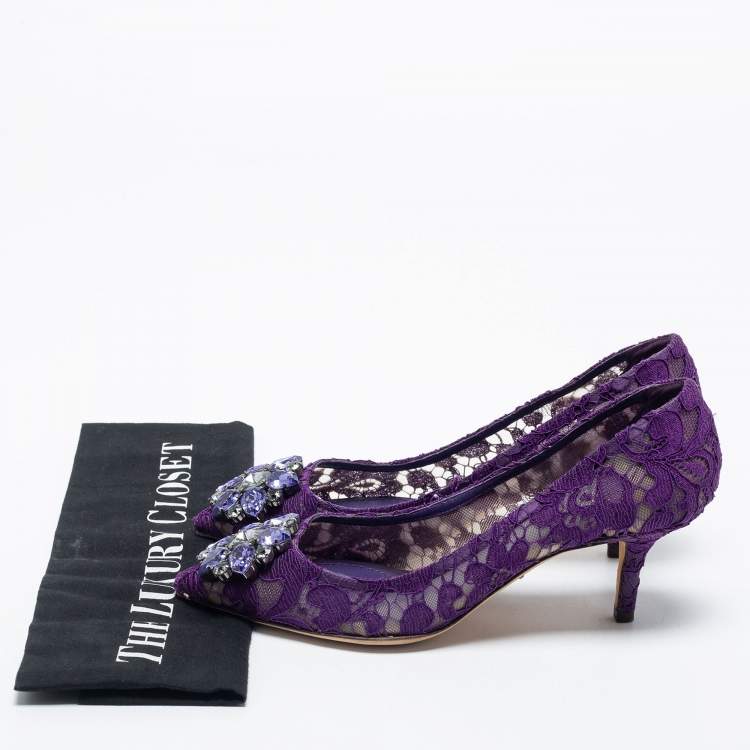 Pre Owned Dolce & Gabbana Purple Lace Crystal Embellished Bellucci Pumps Size 36
