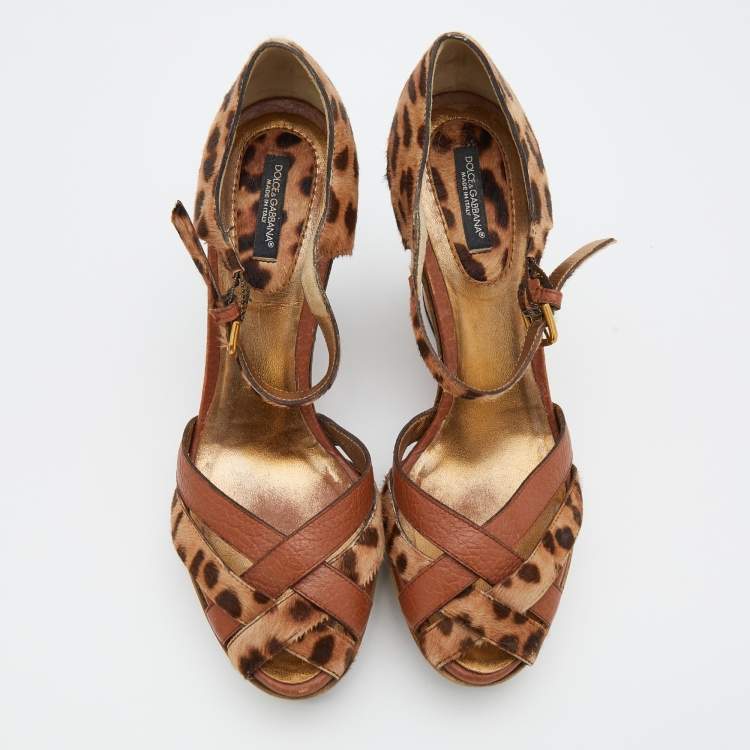 Pre Owned Dolce & Gabbana Brown Leather And Leopard Print Calf Hair Ankle Strap Wedge Sandals Size 38