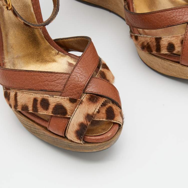 Pre Owned Dolce & Gabbana Brown Leather And Leopard Print Calf Hair Ankle Strap Wedge Sandals Size 38