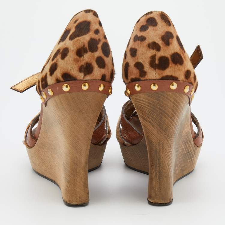 Pre Owned Dolce & Gabbana Brown Leather And Leopard Print Calf Hair Ankle Strap Wedge Sandals Size 38