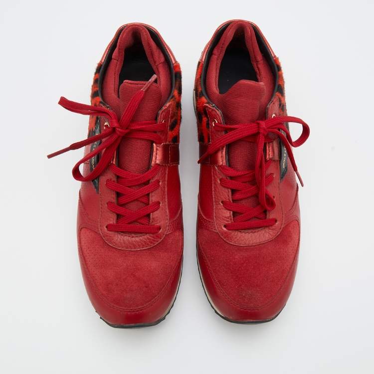 Pre Owned Dolce & Gabbana Red Leather And Leopard Print Calf Hair Sneakers Size 37.5