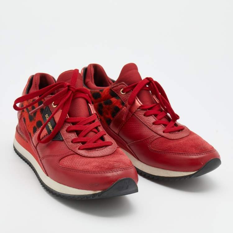 Pre Owned Dolce & Gabbana Red Leather And Leopard Print Calf Hair Sneakers Size 37.5