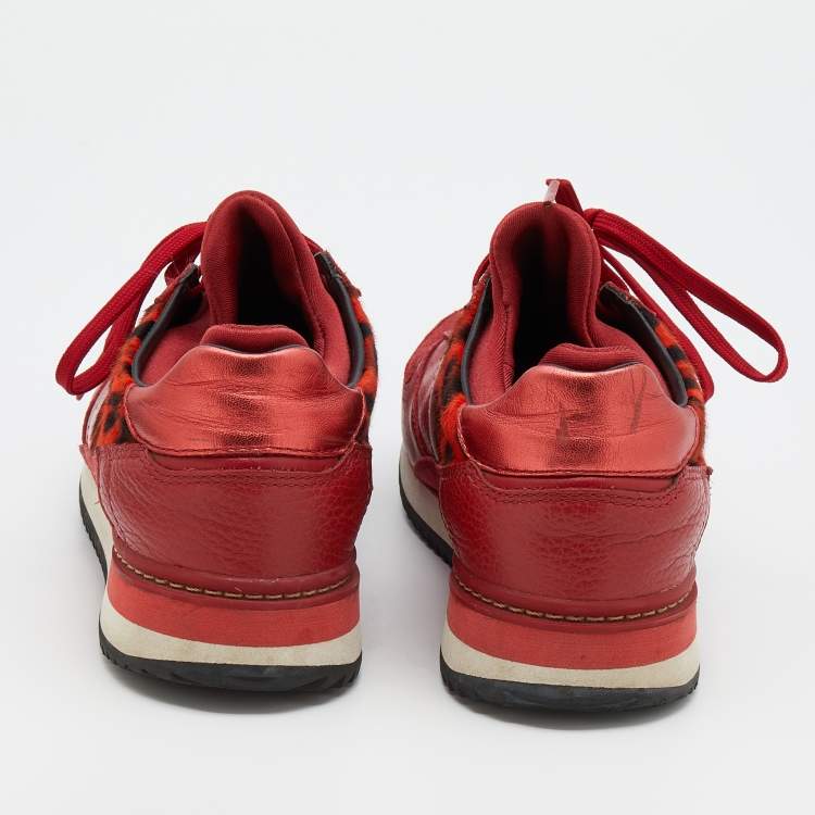 Pre Owned Dolce & Gabbana Red Leather And Leopard Print Calf Hair Sneakers Size 37.5