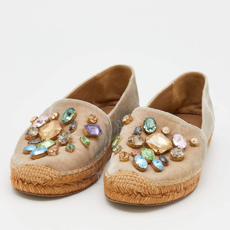 Pre Owned Dolce & Gabbana Beige Velvet Crystal Embellished Espadrille Flats Size 36