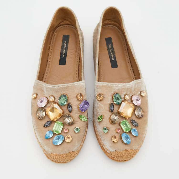 Pre Owned Dolce & Gabbana Beige Velvet Crystal Embellished Espadrille Flats Size 36