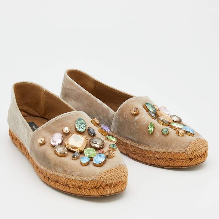 Pre Owned Dolce & Gabbana Beige Velvet Crystal Embellished Espadrille Flats Size 36