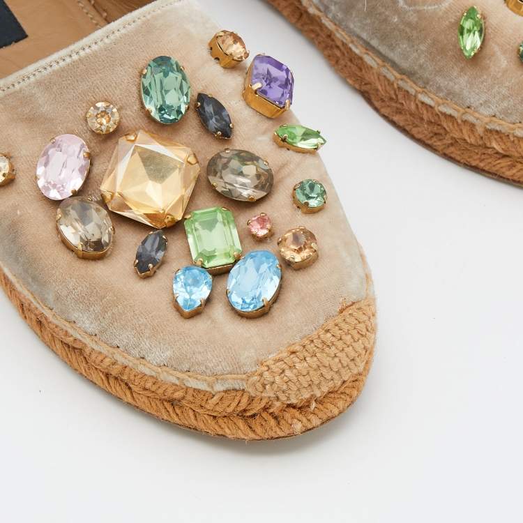Pre Owned Dolce & Gabbana Beige Velvet Crystal Embellished Espadrille Flats Size 36