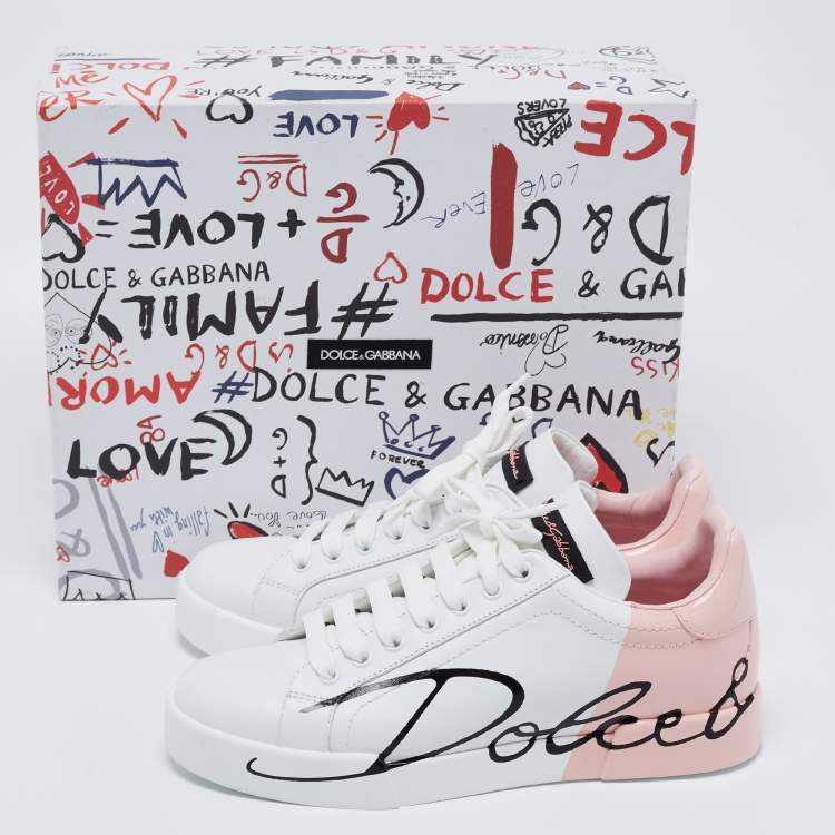 Pre Owned Dolce & Gabbana White Leather And Patent Portofino Sneakers Size 38