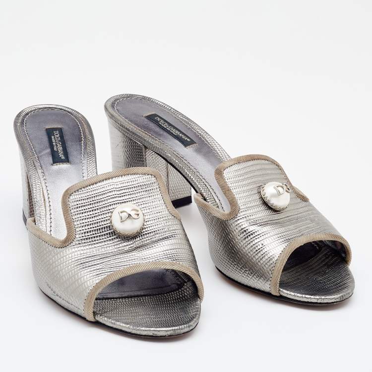 Pre Owned Dolce & Gabbana Silver Lizard Embossed Leather Block Heel Slide Sandals Size 39.5