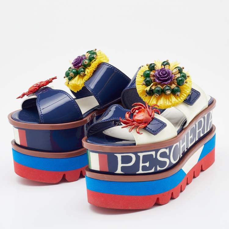 مملوكة مسبقًا Dolce & Gabbana Blue/Cream Patent Leather Embellished Double Platform Wedge Sandals Size 38