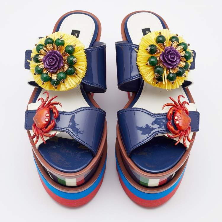 مملوكة مسبقًا Dolce & Gabbana Blue/Cream Patent Leather Embellished Double Platform Wedge Sandals Size 38