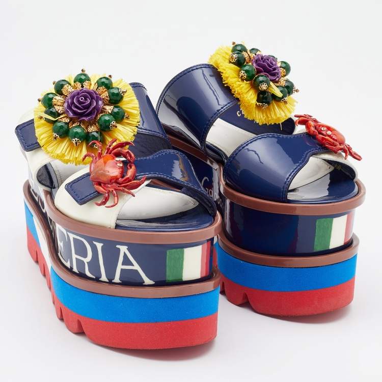 مملوكة مسبقًا Dolce & Gabbana Blue/Cream Patent Leather Embellished Double Platform Wedge Sandals Size 38