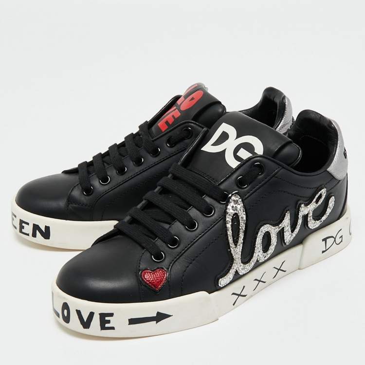 Pre Owned Dolce & Gabbana Black Leather Portofino Lace Up Sneakers Size 37 