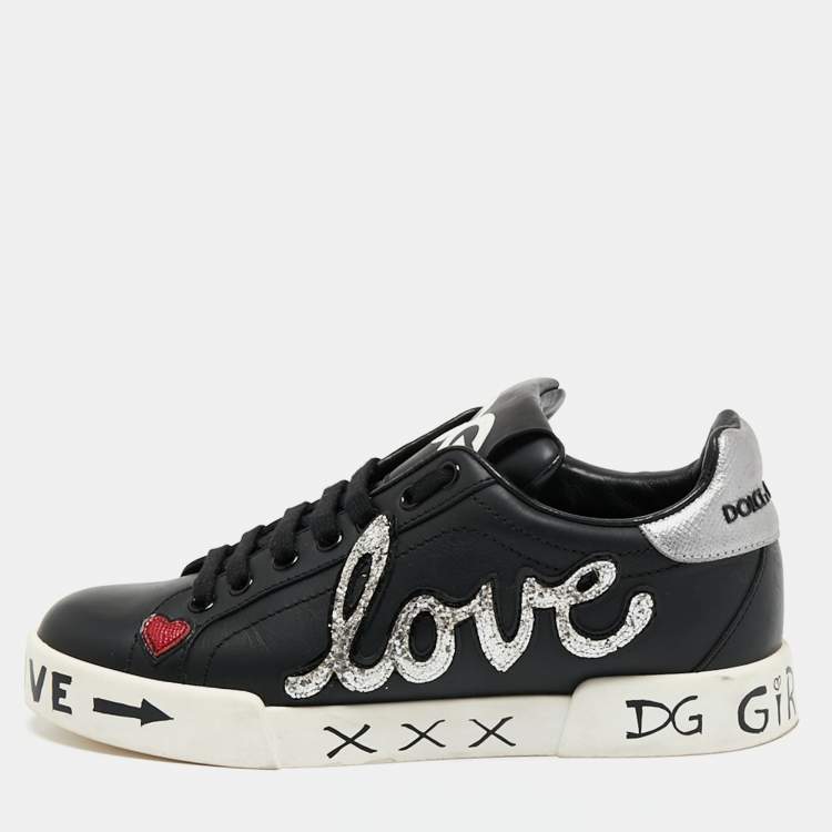 Pre Owned Dolce & Gabbana Black Leather Portofino Lace Up Sneakers Size 37 