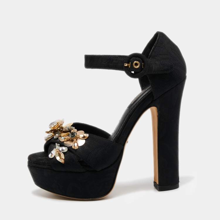 Pre Owned Dolce & Gabbana Black Brocade Fabric Embellished Cross Strap Platform Sandals Size 35